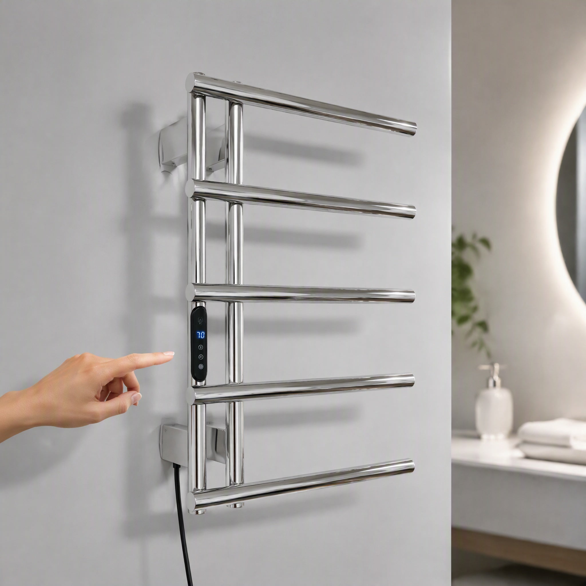 5-Bar Stainless Steel Electric Heated Towel Rail — Wall-Mounted Chrome Finish, IPX5 Waterproof, 15kg Load Capacity
