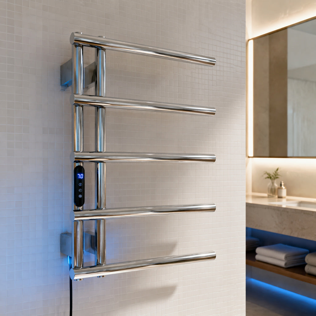 5-Bar Stainless Steel Electric Heated Towel Rail — Wall-Mounted Chrome Finish, IPX5 Waterproof, 15kg Load Capacity