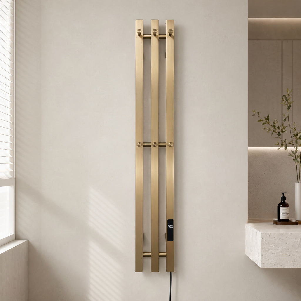 Modern Luxury Triple Bar Heated Towel Rack - Wall Mounted Brushed Champagne Gold LED Touch Control