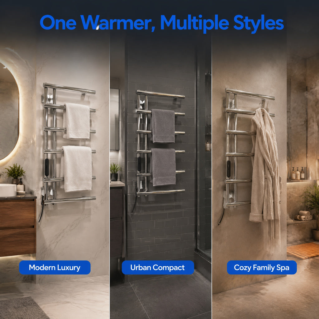 6-Bar Stainless Steel Smart Electric Heated Towel Rail — Side-Open Design, Mirror Polished Chrome Finish, IPX5 Waterproof, LCD Touch Panel, 15kg Load