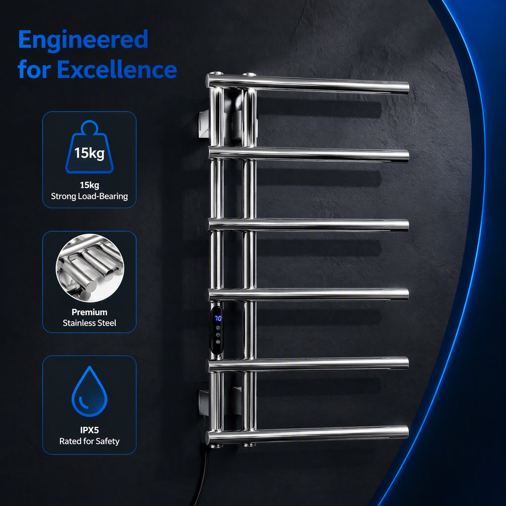 6-Bar Stainless Steel Smart Electric Heated Towel Rail — Side-Open Design, Mirror Polished Chrome Finish, IPX5 Waterproof, LCD Touch Panel, 15kg Load
