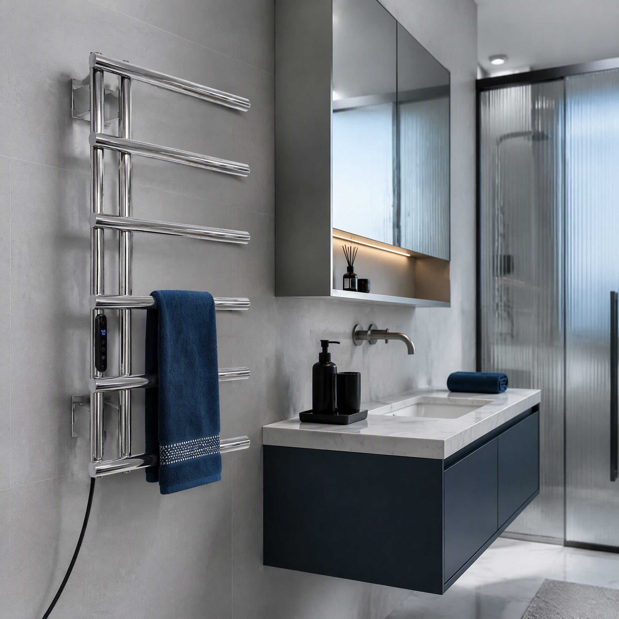 6-Bar Stainless Steel Smart Electric Heated Towel Rail — Side-Open Design, Mirror Polished Chrome Finish, IPX5 Waterproof, LCD Touch Panel, 15kg Load