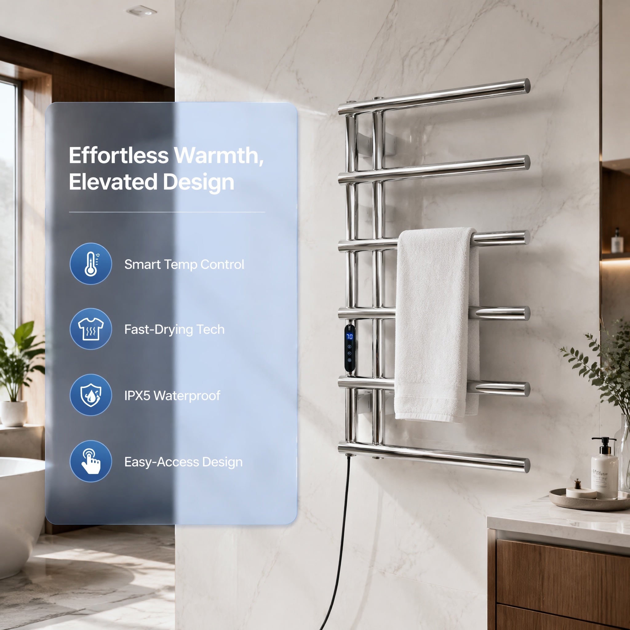 6-Bar Stainless Steel Smart Electric Heated Towel Rail — Side-Open Design, Mirror Polished Chrome Finish, IPX5 Waterproof, LCD Touch Panel, 15kg Load