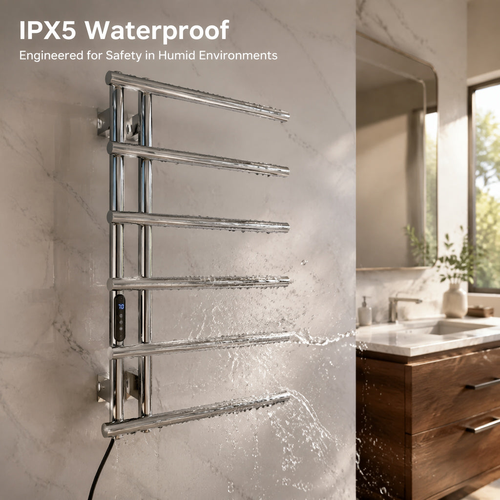 6-Bar Stainless Steel Smart Electric Heated Towel Rail — Side-Open Design, Mirror Polished Chrome Finish, IPX5 Waterproof, LCD Touch Panel, 15kg Load