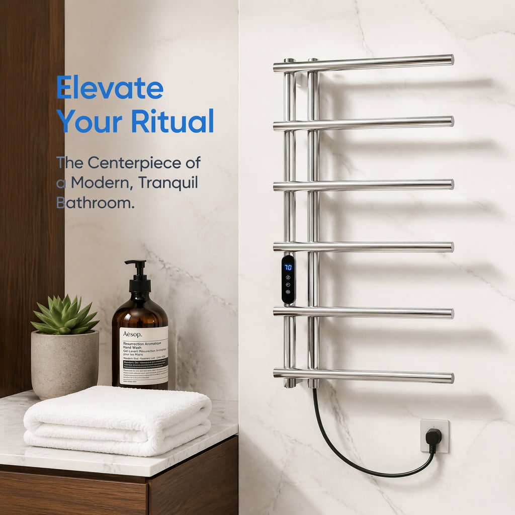 6-Bar Stainless Steel Smart Electric Heated Towel Rail — Side-Open Design, Mirror Polished Chrome Finish, IPX5 Waterproof, LCD Touch Panel, 15kg Load