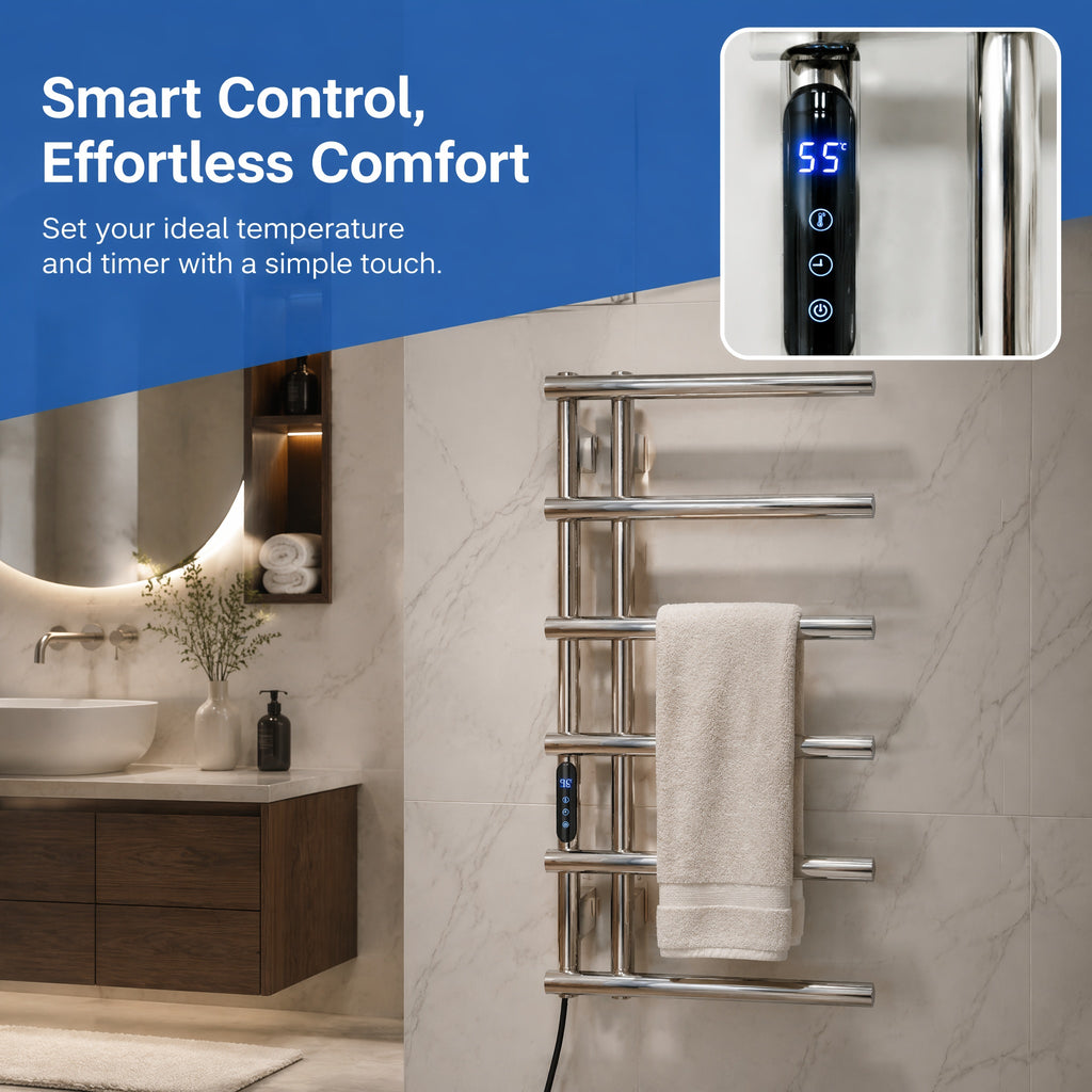 6-Bar Stainless Steel Smart Electric Heated Towel Rail — Side-Open Design, Mirror Polished Chrome Finish, IPX5 Waterproof, LCD Touch Panel, 15kg Load
