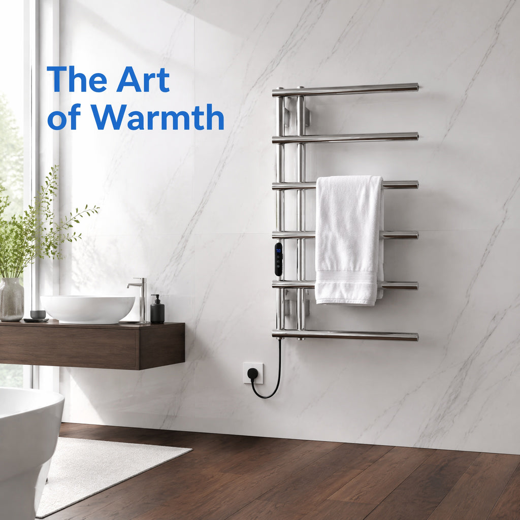 6-Bar Stainless Steel Smart Electric Heated Towel Rail — Side-Open Design, Mirror Polished Chrome Finish, IPX5 Waterproof, LCD Touch Panel, 15kg Load