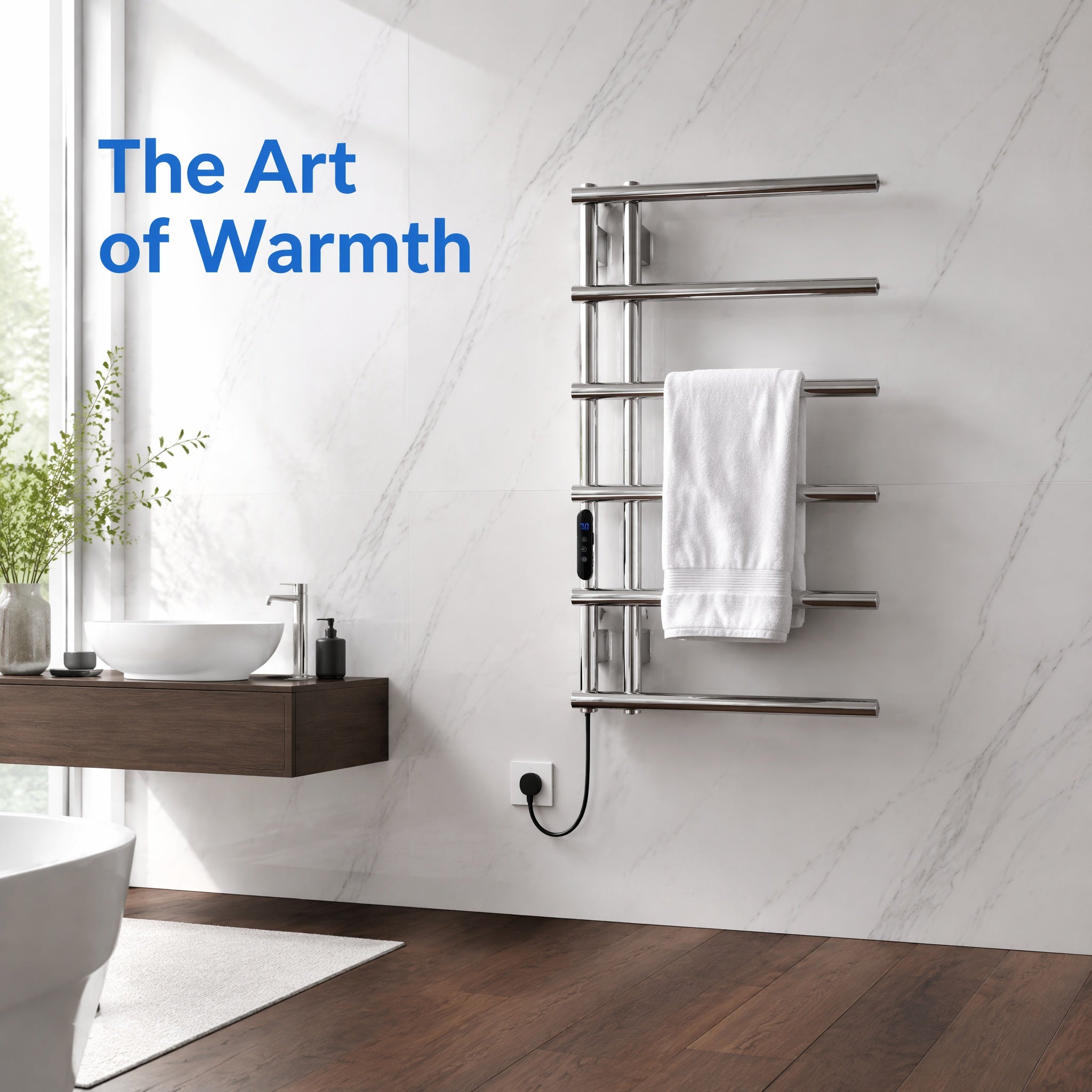 6-Bar Stainless Steel Smart Electric Heated Towel Rail — Side-Open Design, Mirror Polished Chrome Finish, IPX5 Waterproof, LCD Touch Panel, 15kg Load