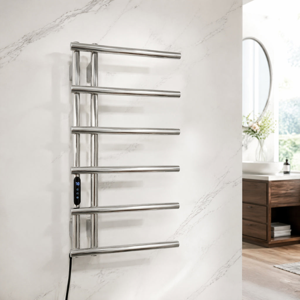 6-Bar Stainless Steel Smart Electric Heated Towel Rail — Side-Open Design, Mirror Polished Chrome Finish, IPX5 Waterproof, LCD Touch Panel, 15kg Load