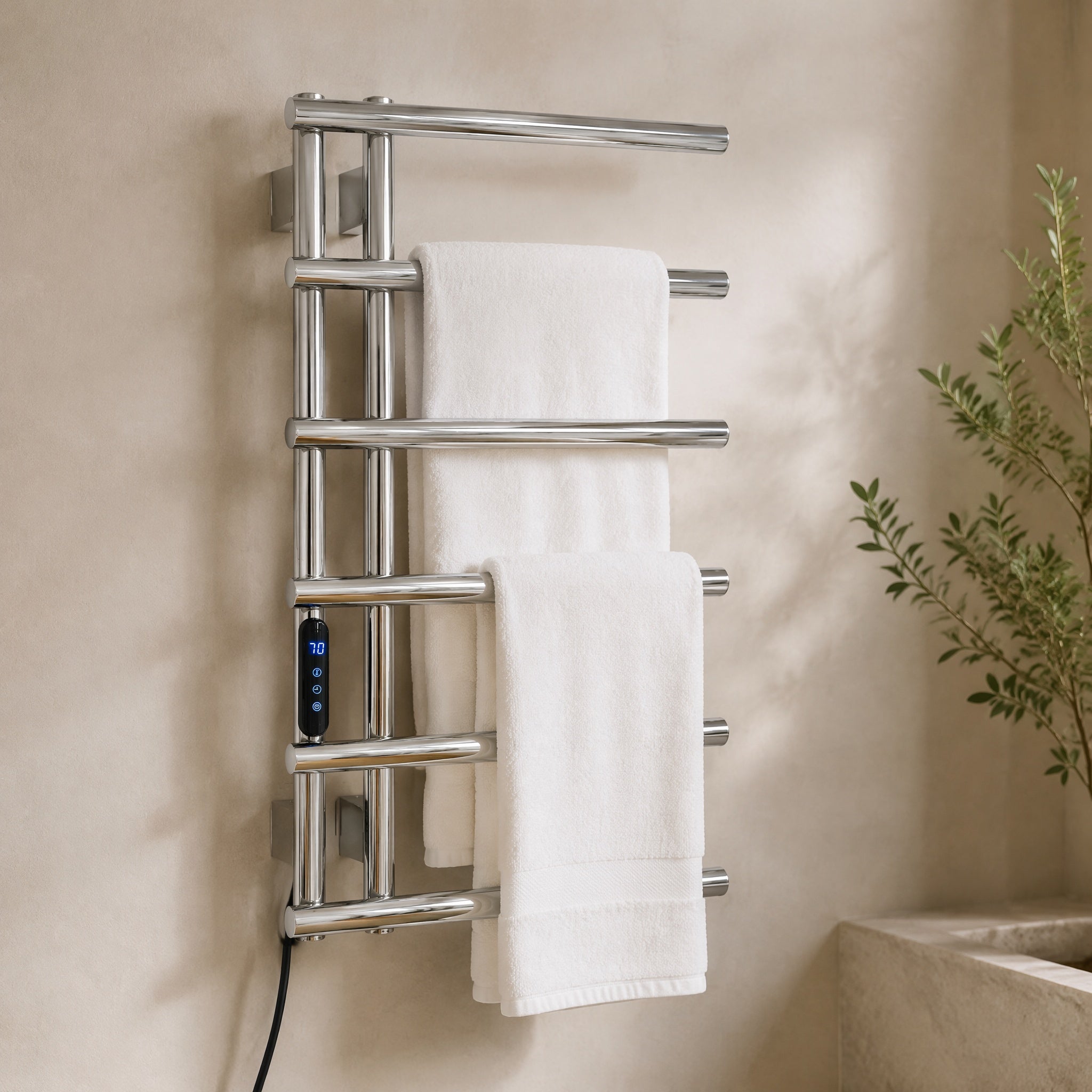 6-Bar Stainless Steel Smart Electric Heated Towel Rail — Side-Open Design, Mirror Polished Chrome Finish, IPX5 Waterproof, LCD Touch Panel, 15kg Load