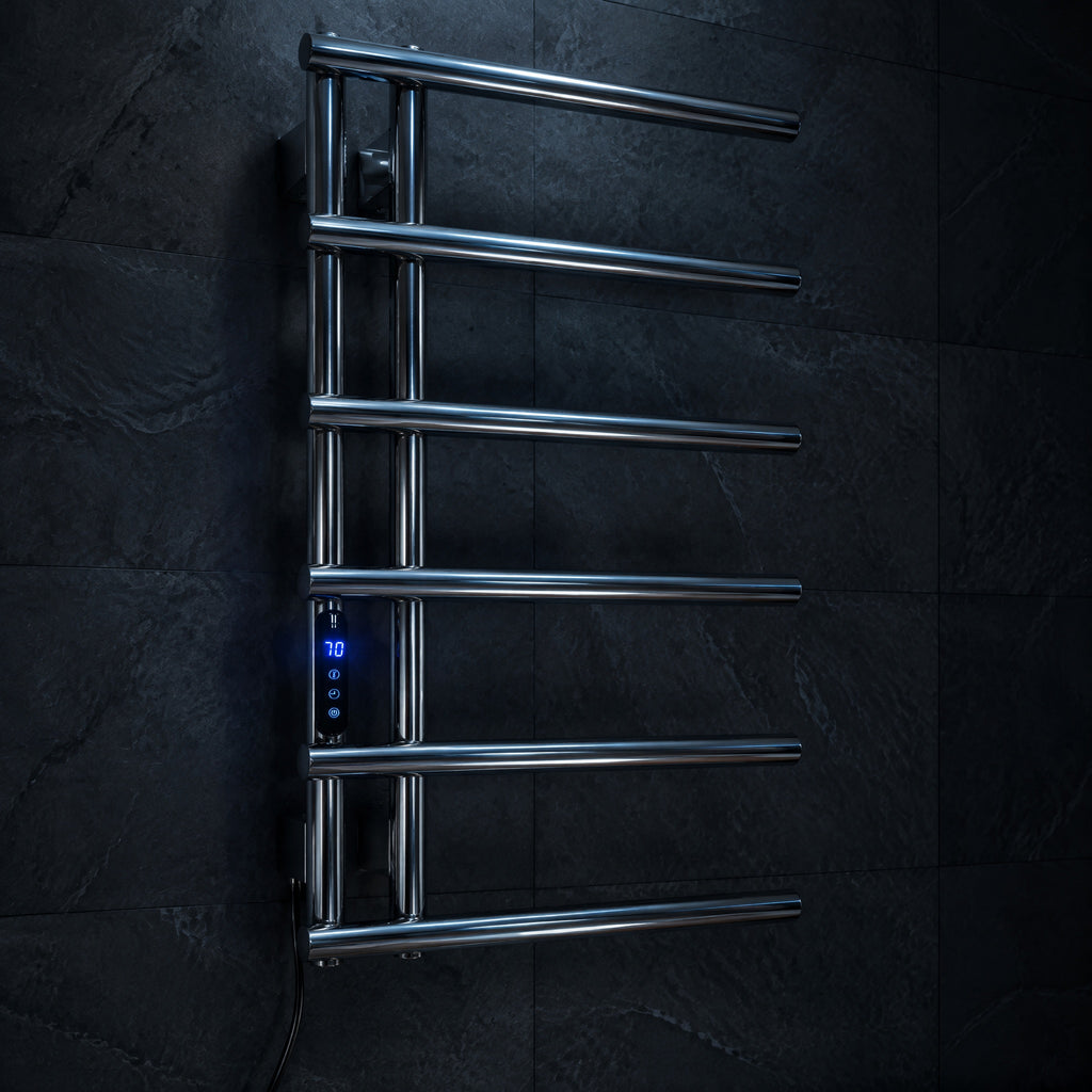 6-Bar Stainless Steel Smart Electric Heated Towel Rail — Side-Open Design, Mirror Polished Chrome Finish, IPX5 Waterproof, LCD Touch Panel, 15kg Load