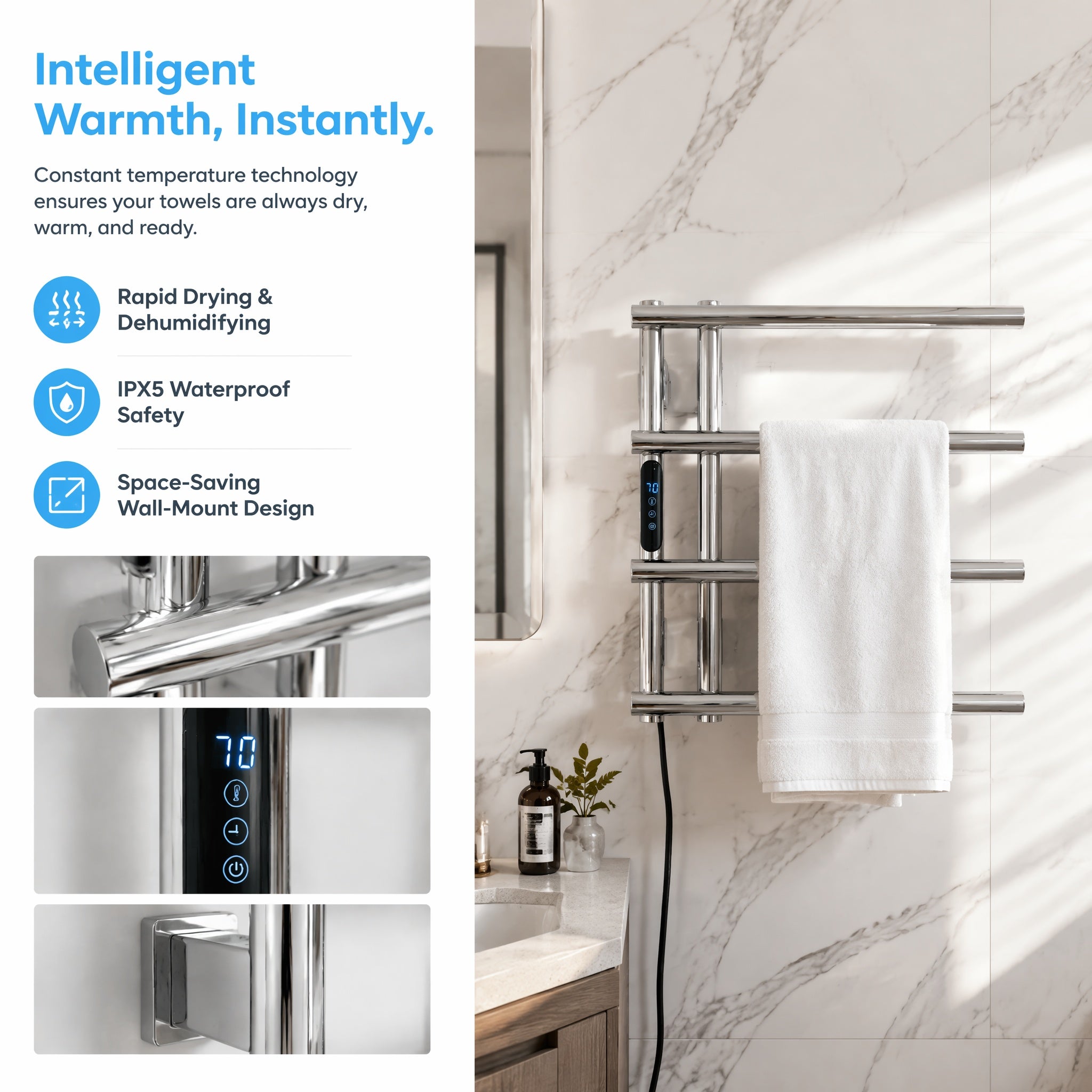 Smart Constant Temperature Stainless Steel Electric Heated Towel Rail — 4-Bar Wall-Mounted LED Touch Control IPX5