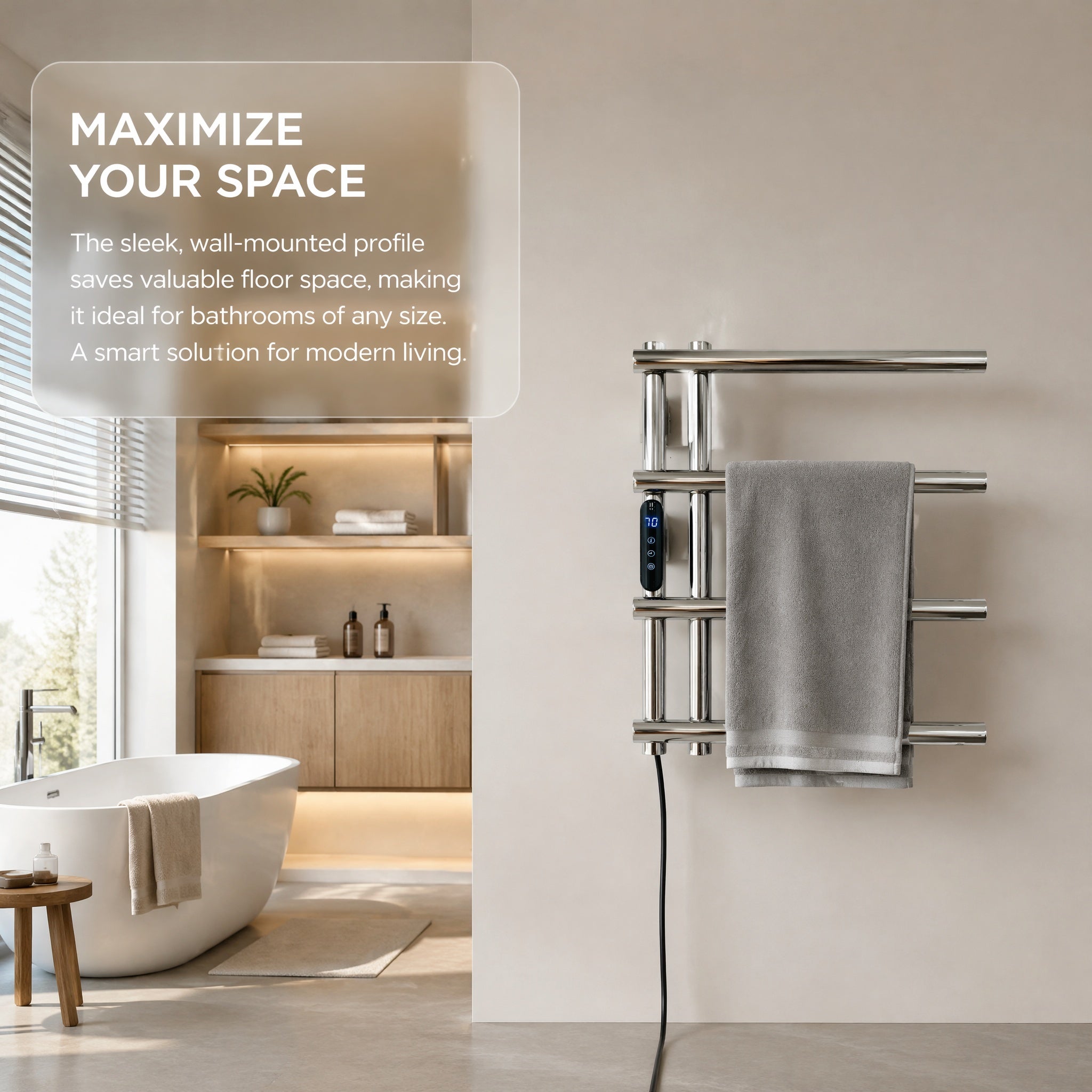 Smart Constant Temperature Stainless Steel Electric Heated Towel Rail — 4-Bar Wall-Mounted LED Touch Control IPX5