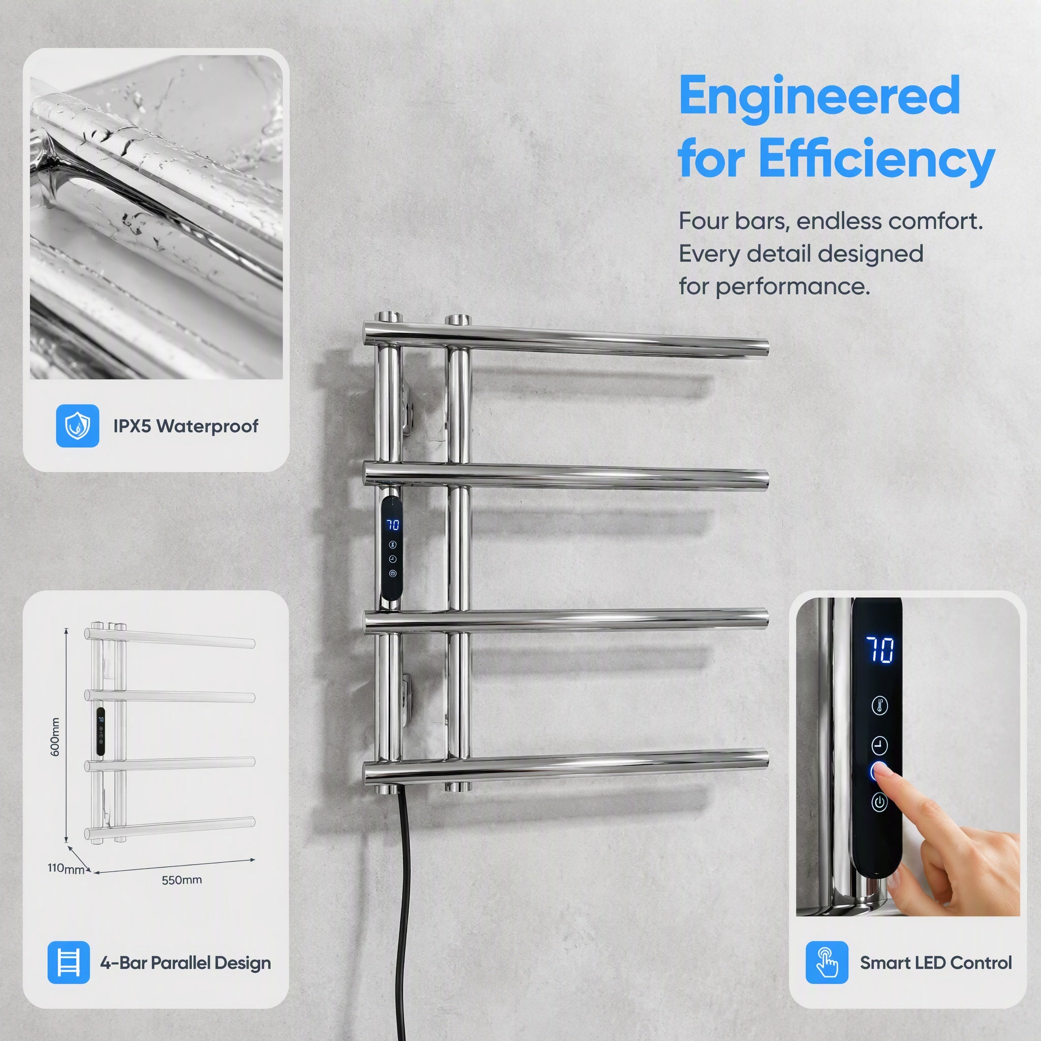 Smart Constant Temperature Stainless Steel Electric Heated Towel Rail — 4-Bar Wall-Mounted LED Touch Control IPX5