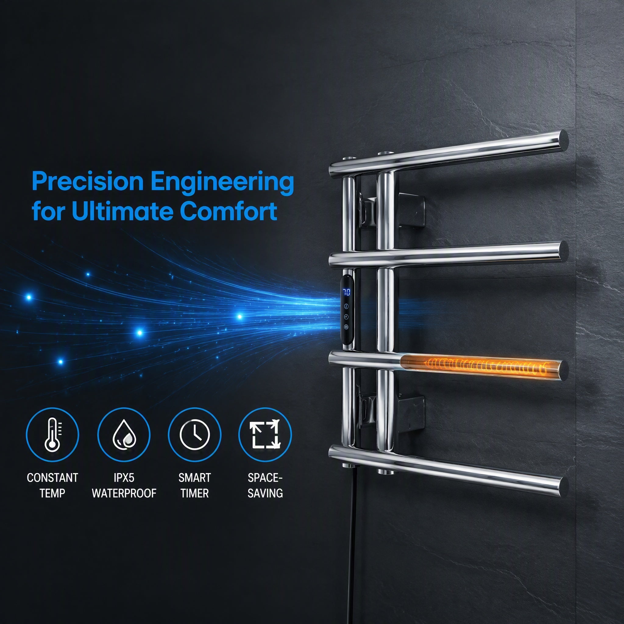 Smart Constant Temperature Stainless Steel Electric Heated Towel Rail — 4-Bar Wall-Mounted LED Touch Control IPX5