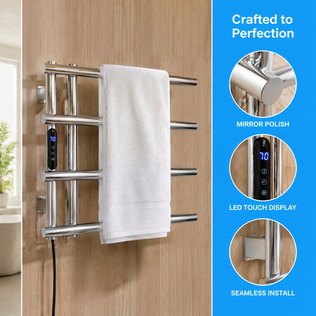 Smart Constant Temperature Stainless Steel Electric Heated Towel Rail — 4-Bar Wall-Mounted LED Touch Control IPX5